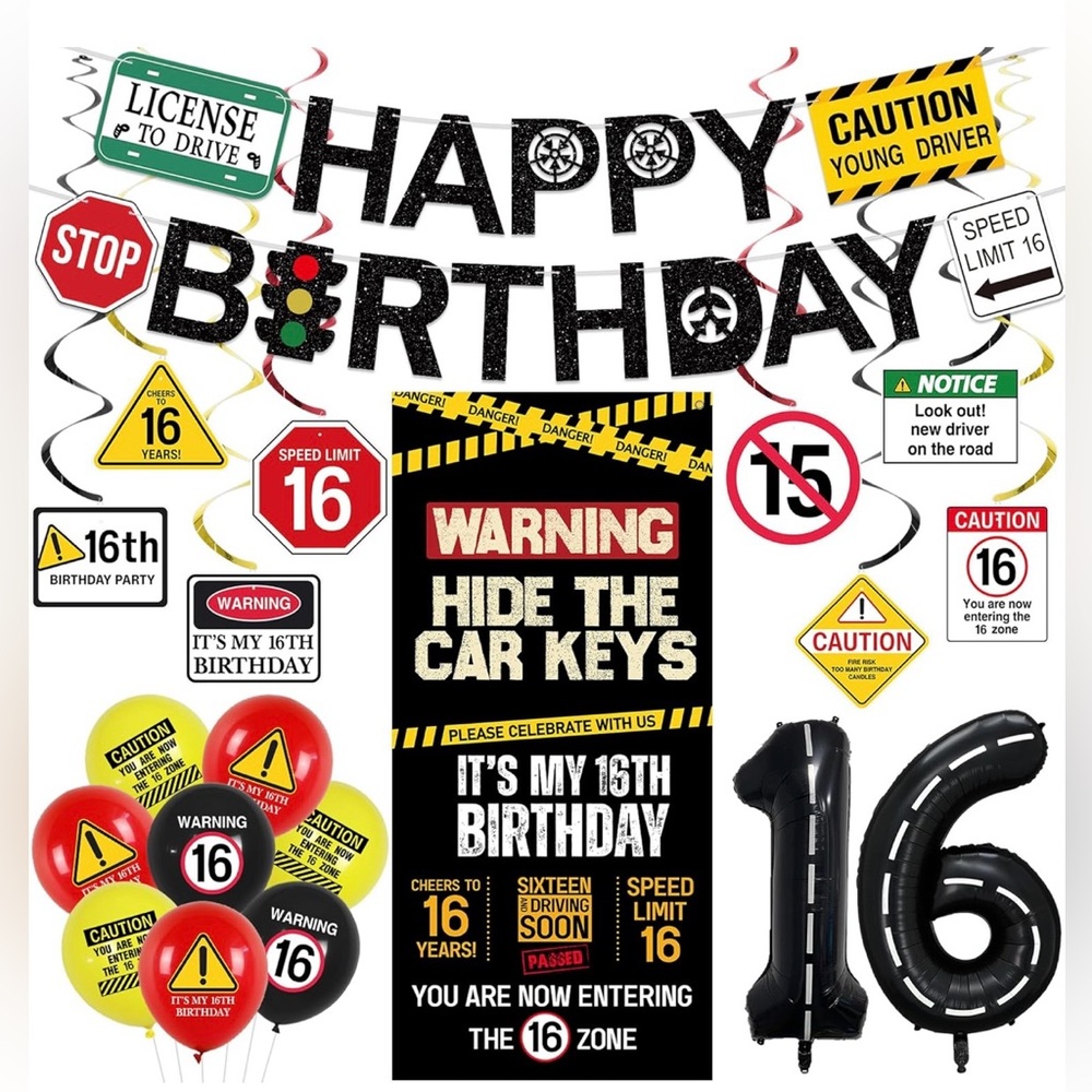 New Driver 16th Birthday Decoration Set withNew Driver Signs, Banners, Balloons